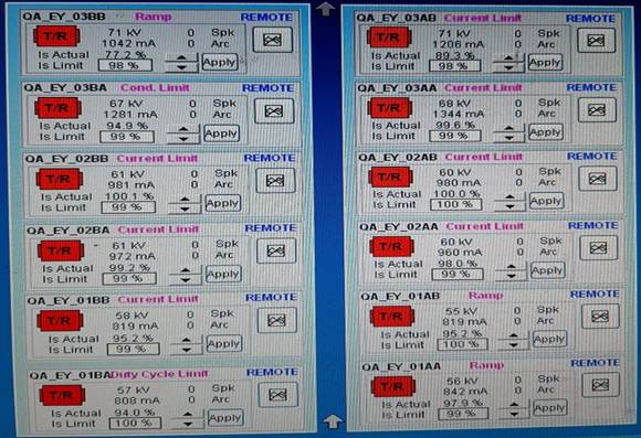 Readings of secondary current (mA) values of all the fields in 2 chambers